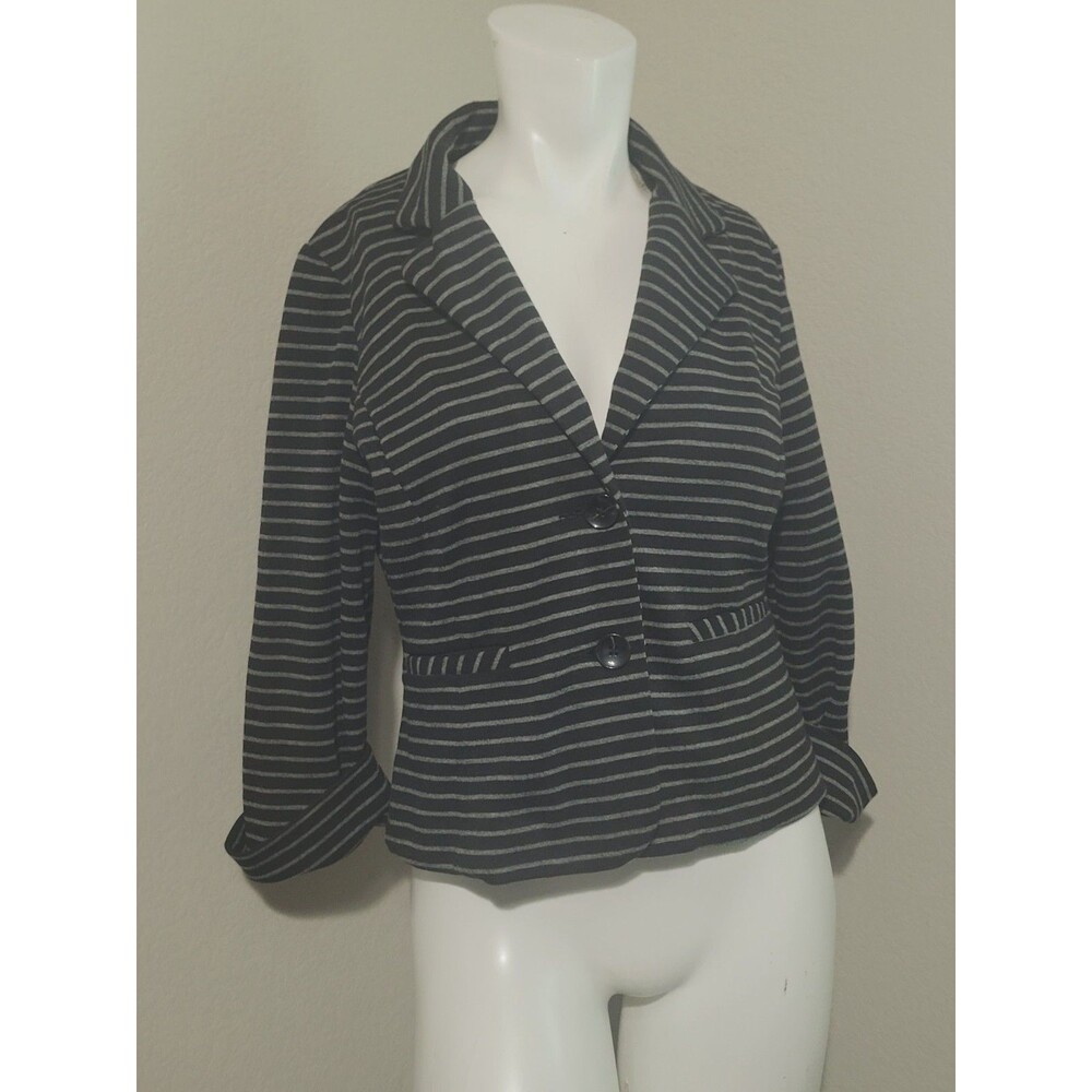 Sandro PM Petite Medium blazer top stretch faux pockets striped cuff collar